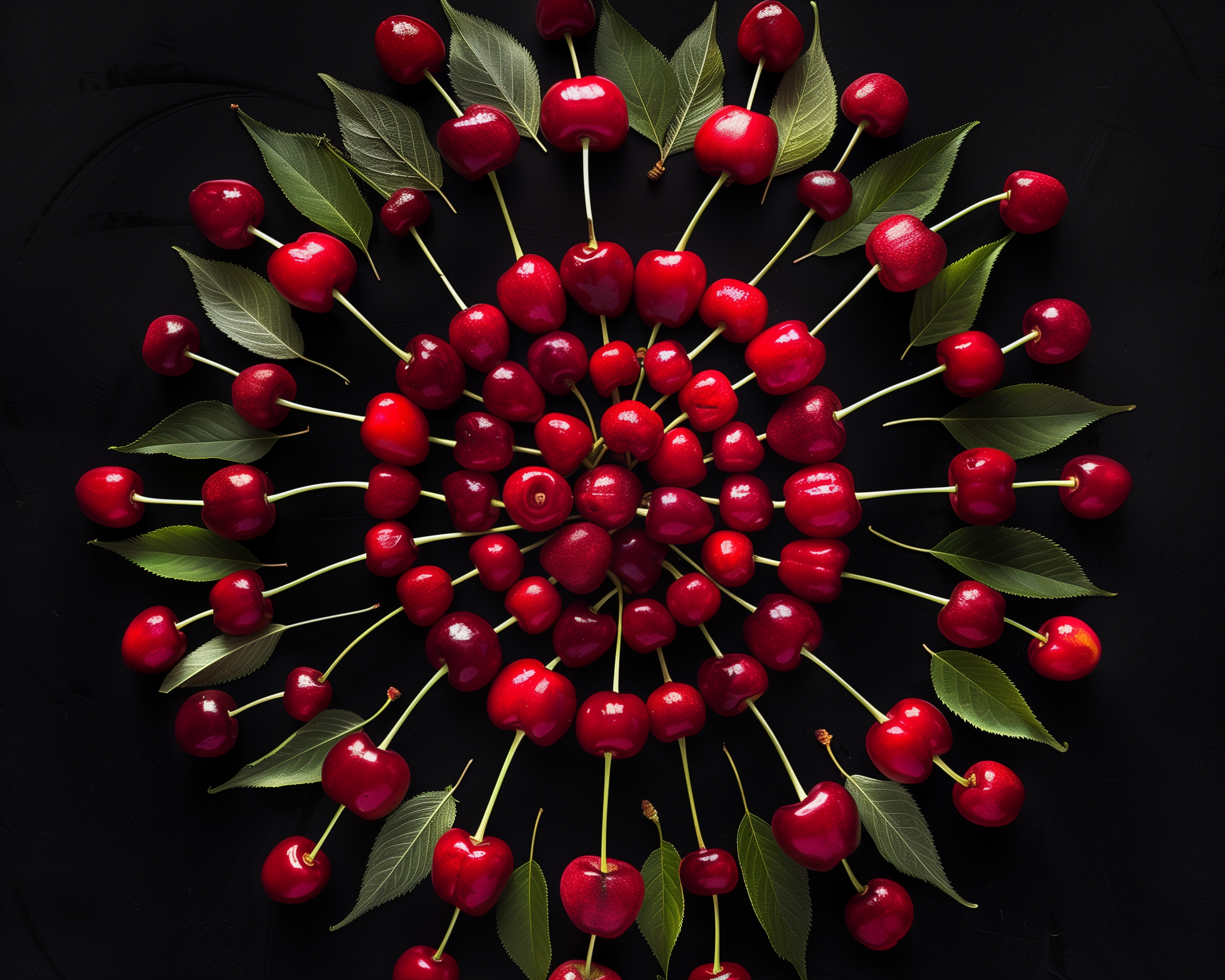 A mandala of ripe red cherries and leaves on a black background