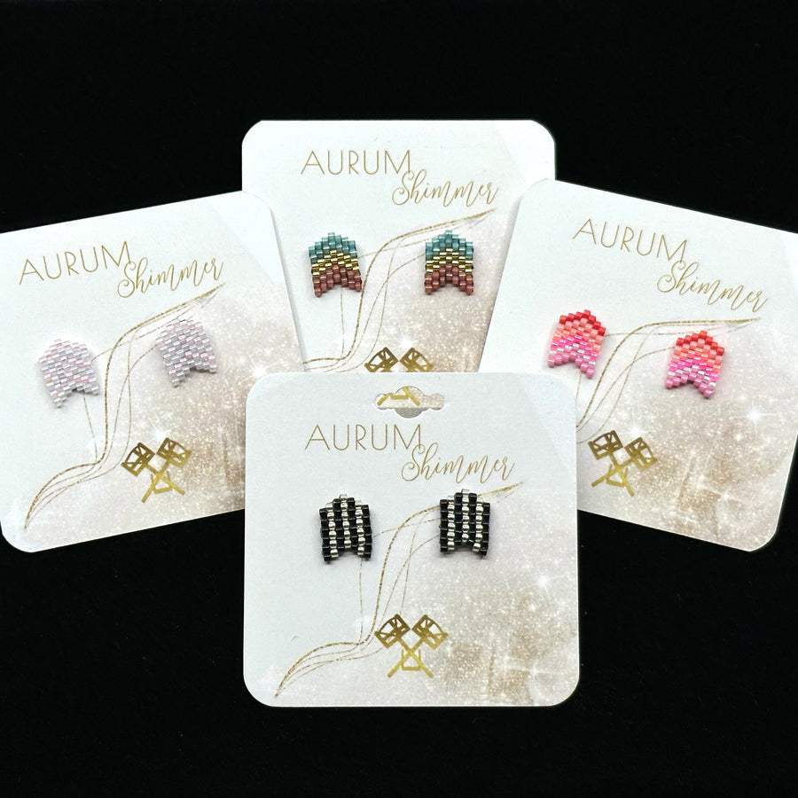 4 pairs of Chevron Beaded Earrings with Stainless Steel Studs, handmade in Montana USA by Aurum Shimmer (assorted colors), on cards