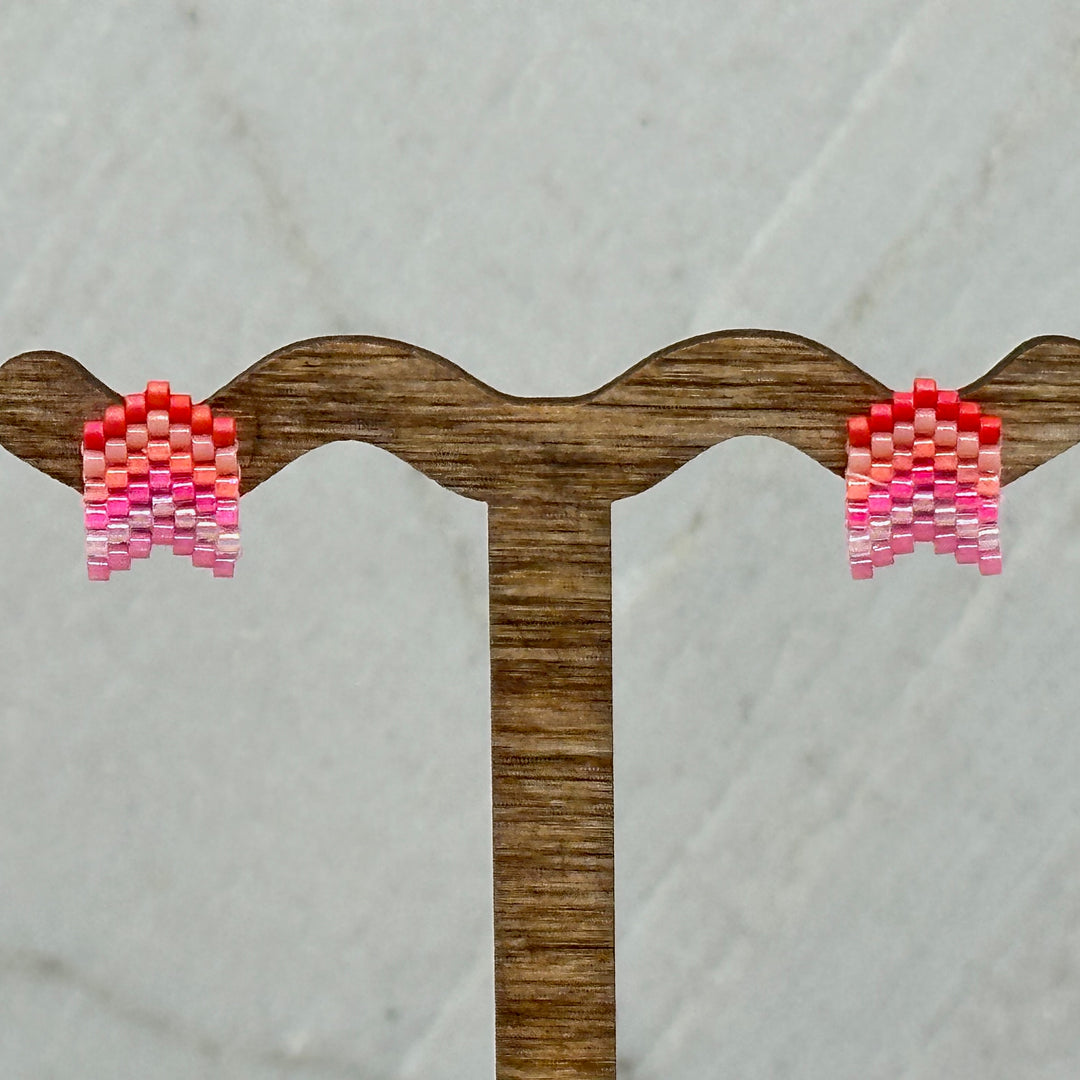 Pair of Chevron Beaded Earrings with Stainless Steel Studs, handmade in Montana USA by Aurum Shimmer (coral sunset)