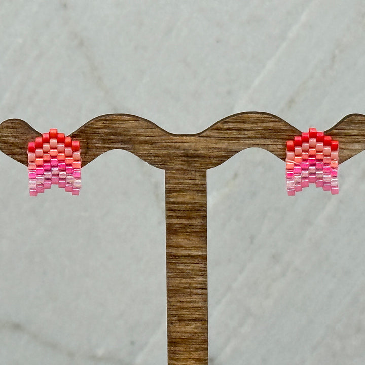 Pair of Chevron Beaded Earrings with Stainless Steel Studs, handmade in Montana USA by Aurum Shimmer (coral sunset)