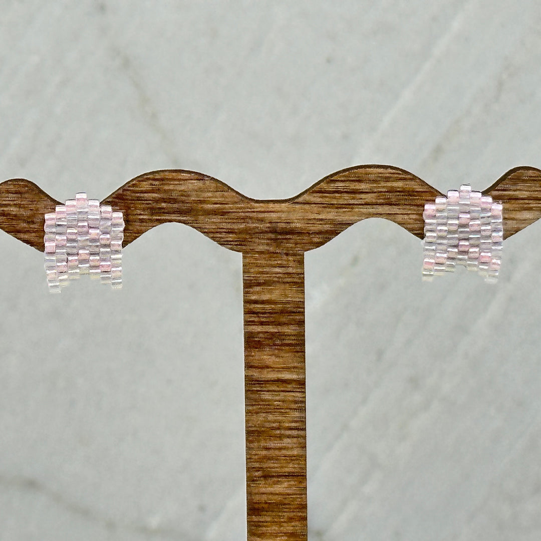 Pair of Chevron Beaded Earrings with Stainless Steel Studs, handmade in Montana USA by Aurum Shimmer (opalescent)