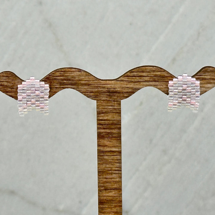 Pair of Chevron Beaded Earrings with Stainless Steel Studs, handmade in Montana USA by Aurum Shimmer (opalescent)