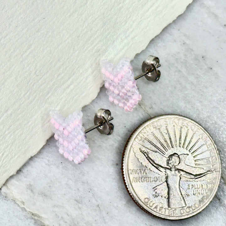 Pair of Chevron Beaded Earrings with Stainless Steel Studs, handmade in Montana USA by Aurum Shimmer (opalescent), with scale