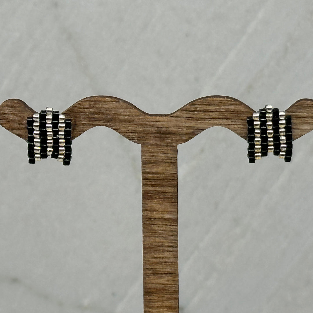 Pair of Chevron Beaded Earrings with Stainless Steel Studs, handmade in Montana USA by Aurum Shimmer (silver and black)