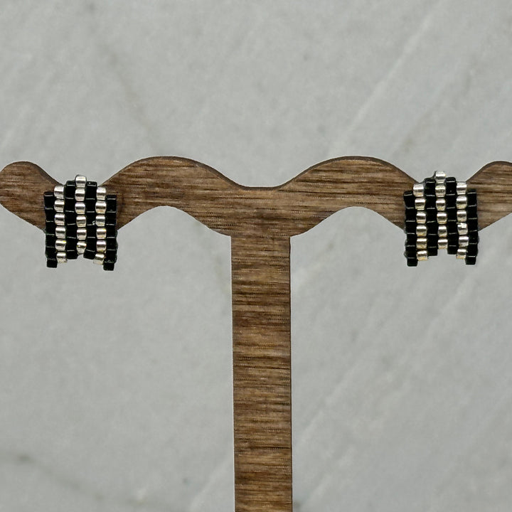 Pair of Chevron Beaded Earrings with Stainless Steel Studs, handmade in Montana USA by Aurum Shimmer (silver and black)