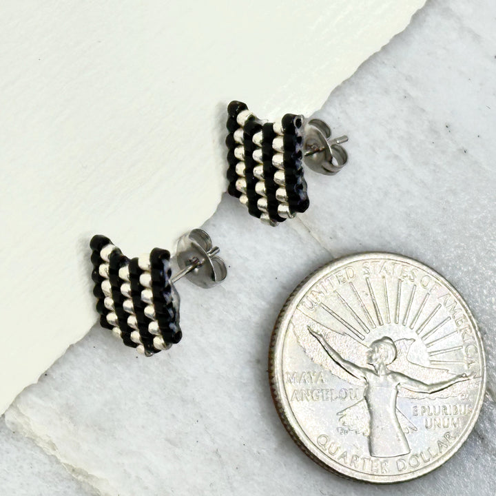 Pair of Chevron Beaded Earrings with Stainless Steel Studs, handmade in Montana USA by Aurum Shimmer (silver and black), with scale