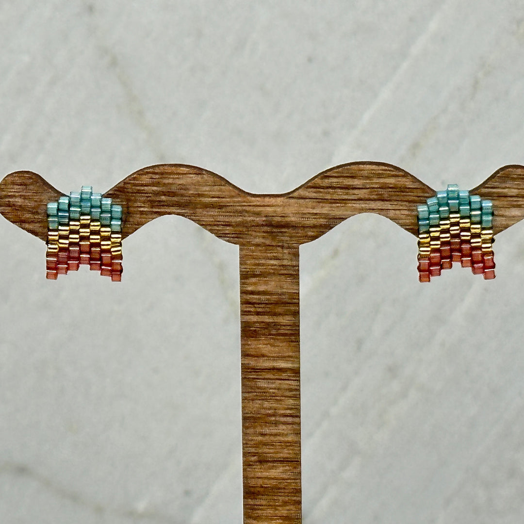 Pair of Chevron Beaded Earrings with Stainless Steel Studs, handmade in Montana USA by Aurum Shimmer (teal, gold, mauve)