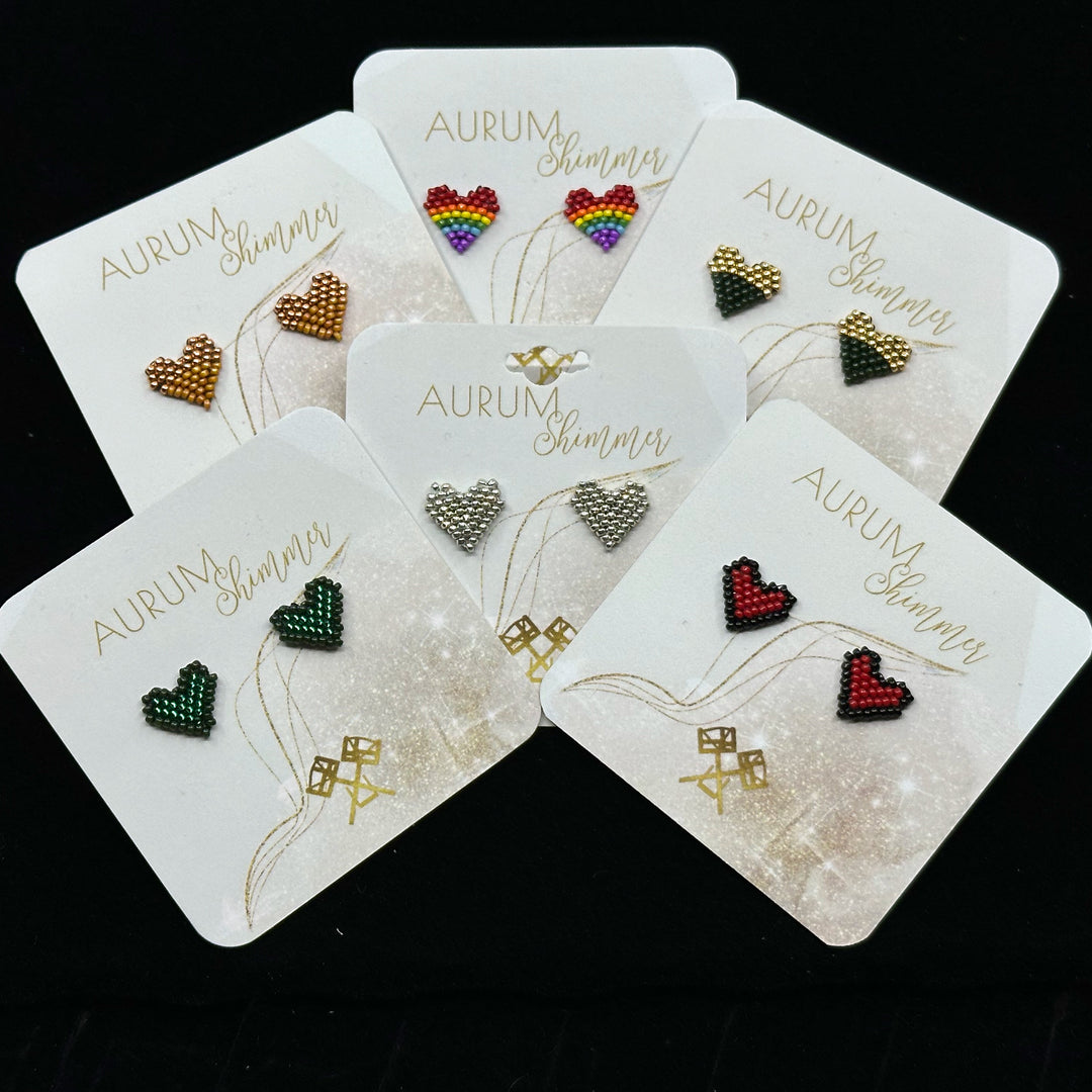 6 pairs of Heart Beaded Earrings with Stainless Steel Studs, handmade in Montana USA by Aurum Shimmer (assorted colors), on cards