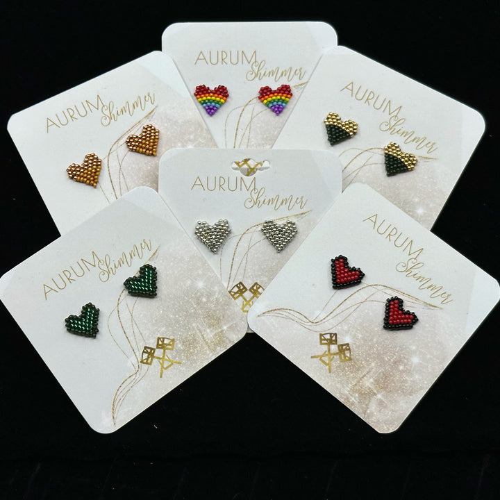 6 pairs of Heart Beaded Earrings with Stainless Steel Studs, handmade in Montana USA by Aurum Shimmer (assorted colors), on cards