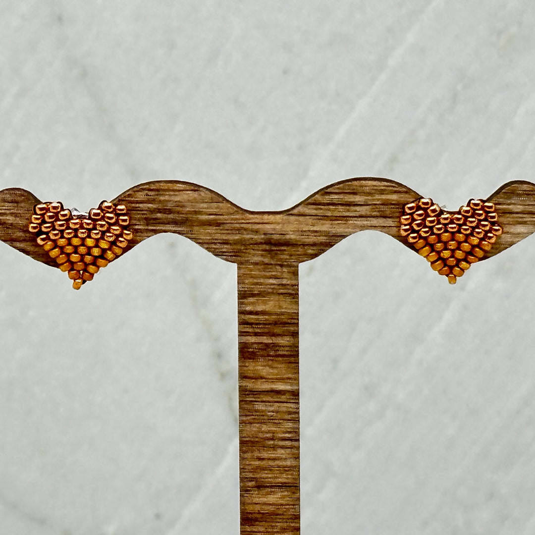 Pair of Heart Beaded Earrings with Stainless Steel Studs, handmade in Montana USA by Aurum Shimmer (copper and tan)