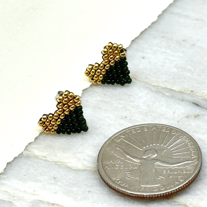 Pair of Heart Beaded Earrings with Stainless Steel Studs, handmade in Montana USA by Aurum Shimmer (gold and green), with scale
