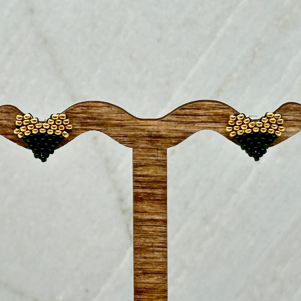 Pair of Heart Beaded Earrings with Stainless Steel Studs, handmade in Montana USA by Aurum Shimmer (green and gold)