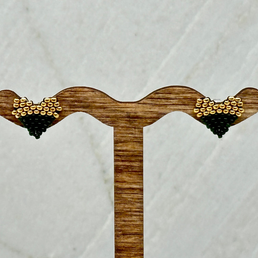 Pair of Heart Beaded Earrings with Stainless Steel Studs, handmade in Montana USA by Aurum Shimmer (green and gold)