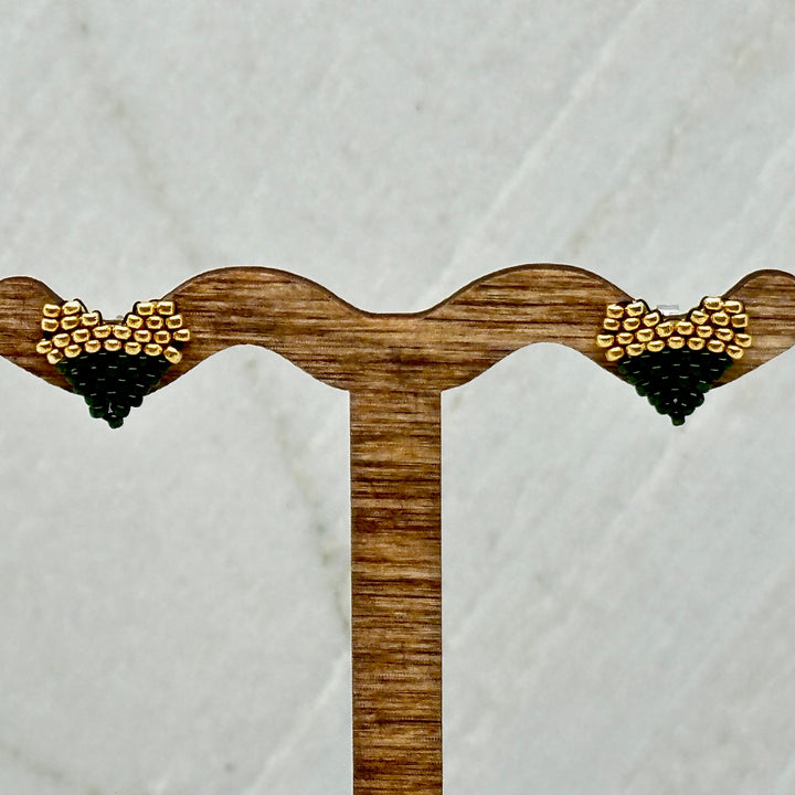 Pair of Heart Beaded Earrings with Stainless Steel Studs, handmade in Montana USA by Aurum Shimmer (green and gold)