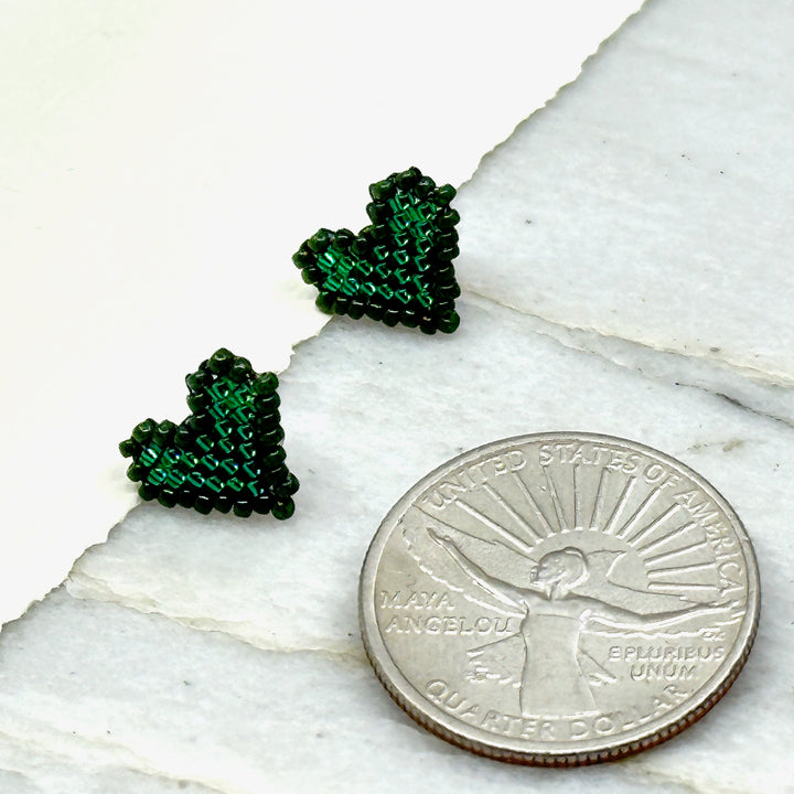 Pair of Heart Beaded Earrings with Stainless Steel Studs, handmade in Montana USA by Aurum Shimmer (green), with scale