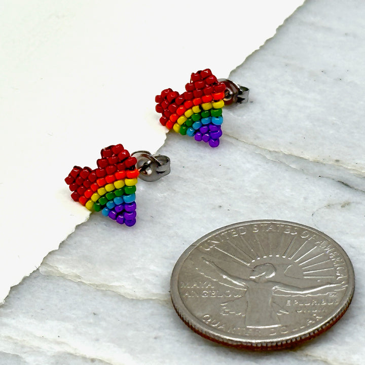 Pair of Heart Beaded Earrings with Stainless Steel Studs, handmade in Montana USA by Aurum Shimmer (rainbow), with scale
