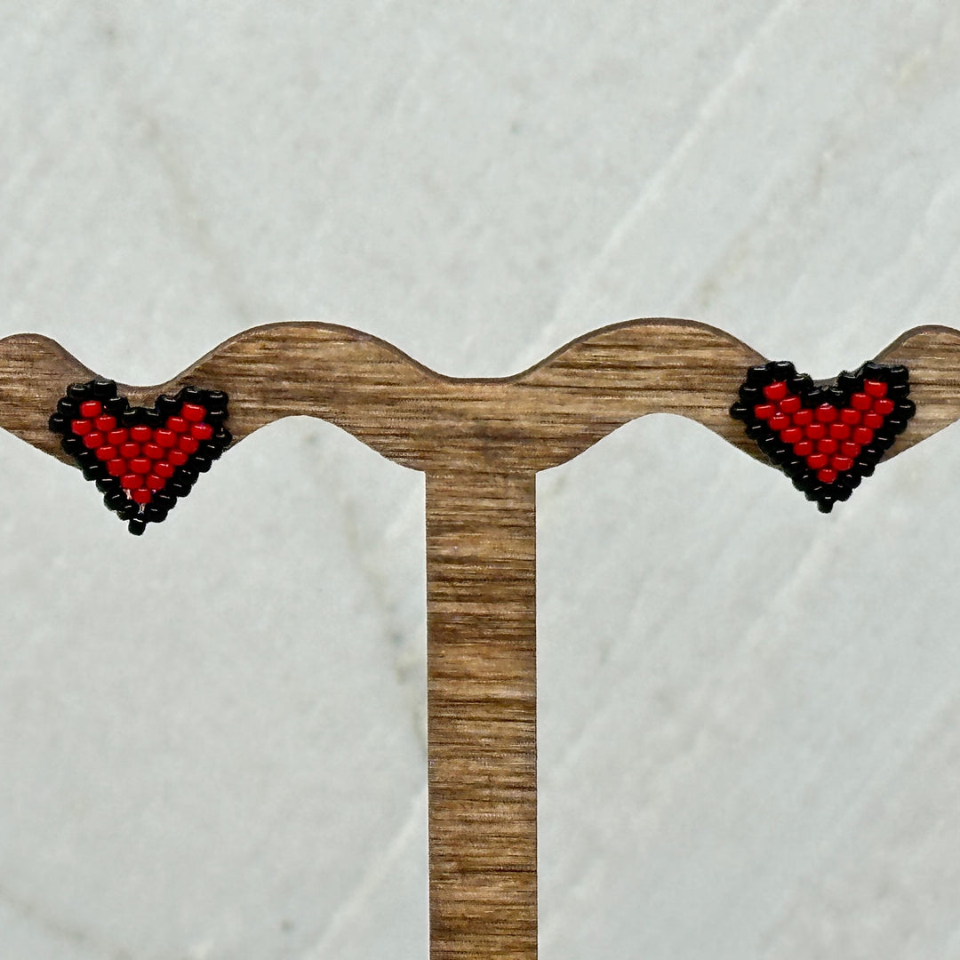 Pair of Heart Beaded Earrings with Stainless Steel Studs, handmade in Montana USA by Aurum Shimmer (red and black)