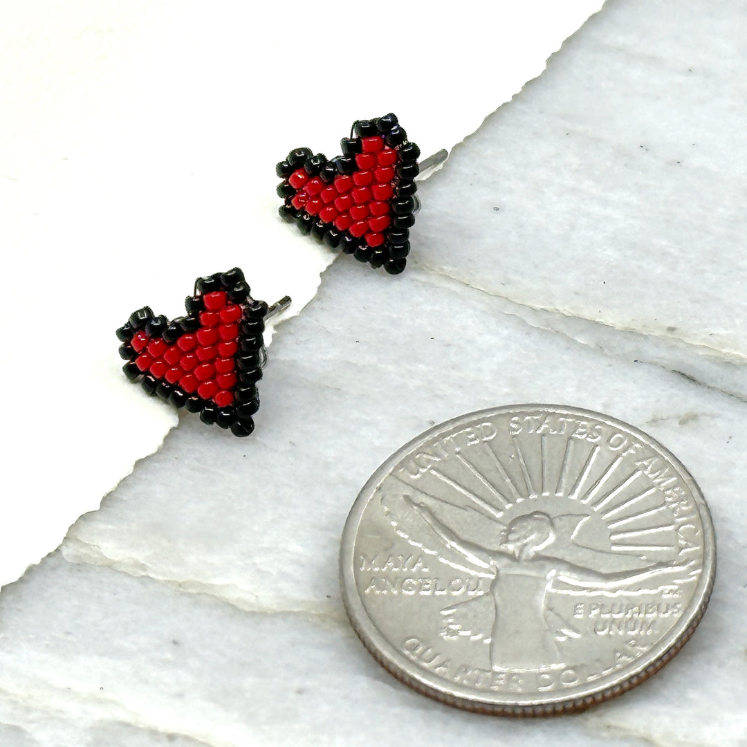 Pair of Heart Beaded Earrings with Stainless Steel Studs, handmade in Montana USA by Aurum Shimmer (red and black), with scale