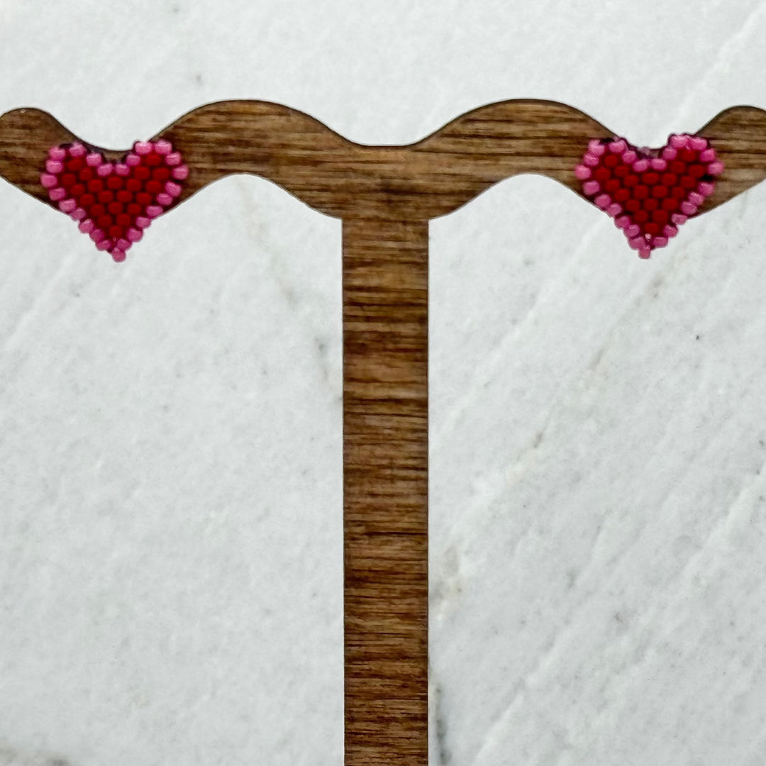 Pair of Heart Beaded Earrings with Stainless Steel Studs, handmade in Montana USA by Aurum Shimmer (red and pink)