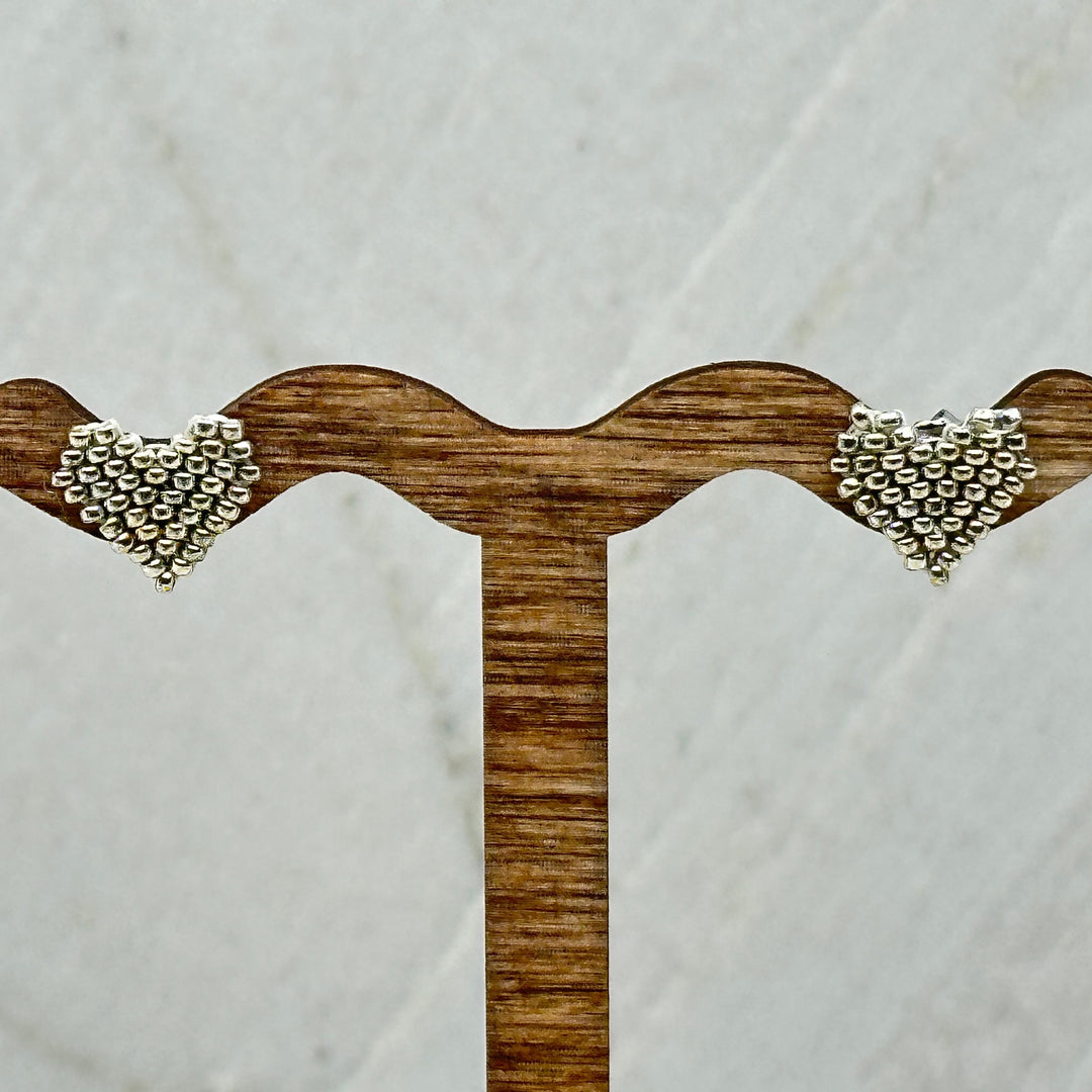 Pair of Heart Beaded Earrings with Stainless Steel Studs, handmade in Montana USA by Aurum Shimmer (silver)