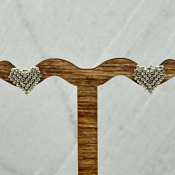 Pair of Heart Beaded Earrings with Stainless Steel Studs, handmade in Montana USA by Aurum Shimmer (silver)