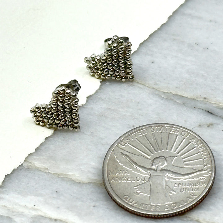 Pair of Heart Beaded Earrings with Stainless Steel Studs, handmade in Montana USA by Aurum Shimmer (silver), with scale
