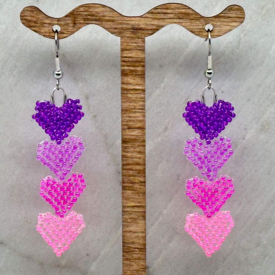 Pair of Ombre Heart Stack Beaded Earrings with Stainless Steel Wires handmade in Montana USA by Aurum Shimmer, hanging