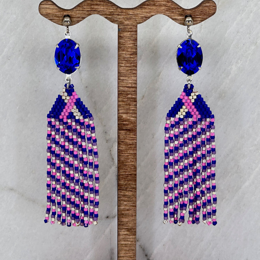 Pair of Sapphire Beaded Fringe Earrings with Stainless Steel Posts, handmade in Montana USA by Aurum Shimmer