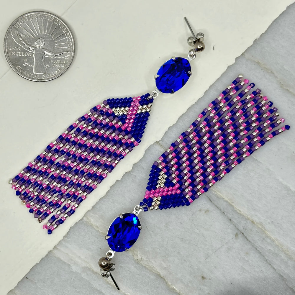 Pair of Sapphire Beaded Fringe Earrings with Stainless Steel Posts, handmade in Montana USA by Aurum Shimmer, with scale