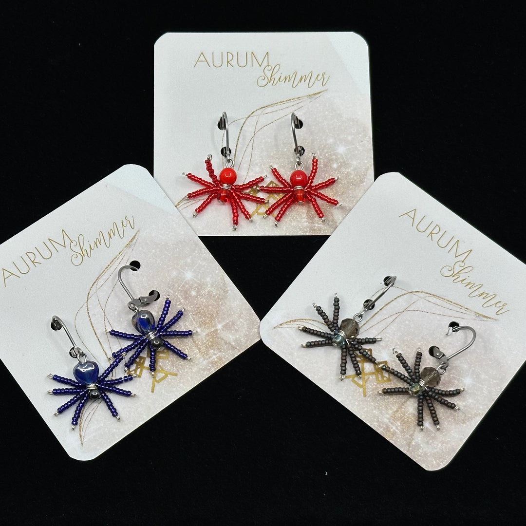 3 pairs of Spider Beaded Earrings with Stainless Steel Lever Backs (assorted colors), handmade in Montana USA by Aurum Shimmer, on cards