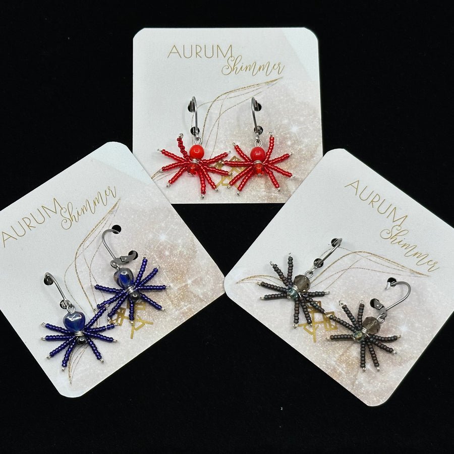 3 pairs of Spider Beaded Earrings with Stainless Steel Lever Backs (assorted colors), handmade in Montana USA by Aurum Shimmer, on cards