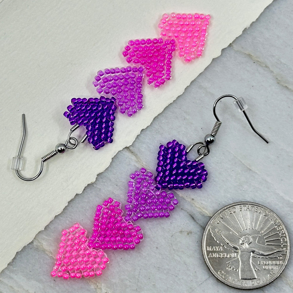 Pair of Ombre Heart Stack Beaded Earrings with Stainless Steel Wires handmade in Montana USA by Aurum Shimmer, scale