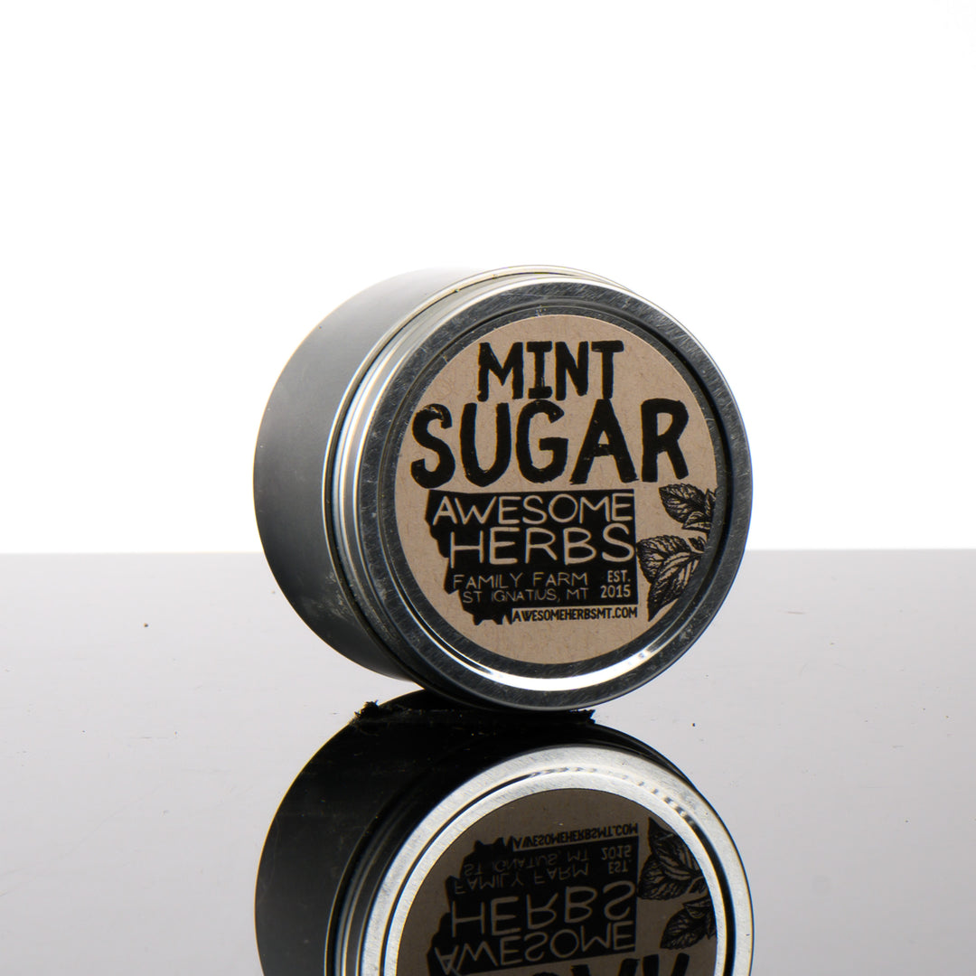 Awesome Herbs's Montana-grown Culinary Herbs - Mint Sugar - in a metal tin for gifting or home use.
