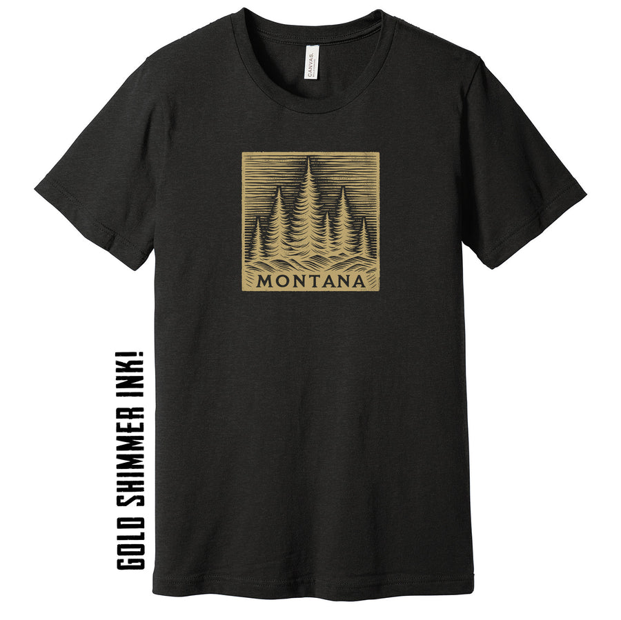 Black Unisex Soft Blend T-shirt printed with the Wood Carved Forest design, by Blue Peak Creative