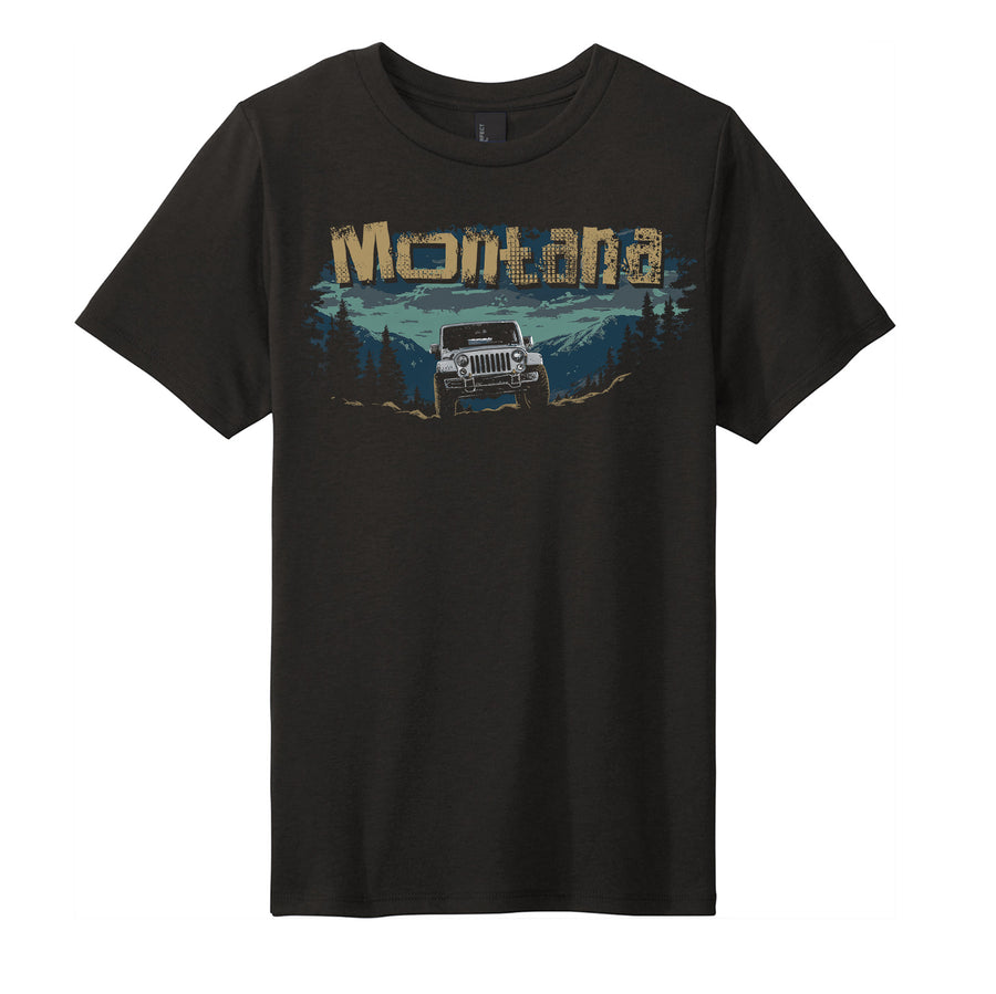Black Youth Soft Blend T-shirt printed with the Minimal Jeep Montana design, by Blue Peak Creative