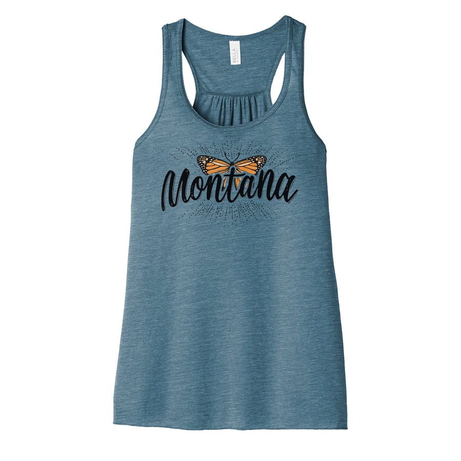 Denim-colored Ladies' Racerback Tank with Blue Peak Creative's orange Butterfly Montana design