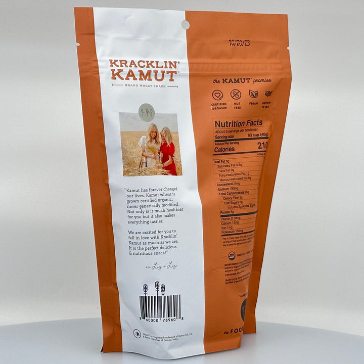 8 oz. bag of Churro flavored Kracklin Kamut wheat germ snack made with khorasan wheat grown in Montana, by Big Sandy Organics, description