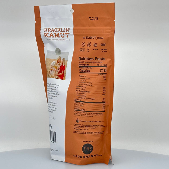 8 oz. bag Churro flavored Kracklin Kamut wheat germ snack made with khorasan wheat grown in Montana, by Big Sandy Organics, nutrition facts