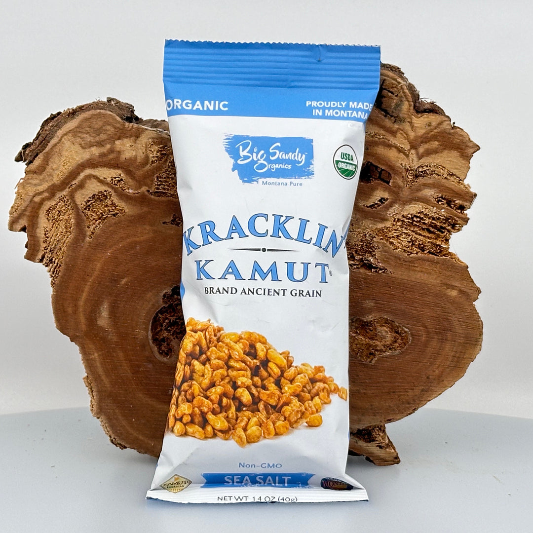 1.4 oz. bag of Big Sky Organics Sea Salt flavored Kracklin Kamut wheat germ snack made with khorasan wheat grown in Montana, front