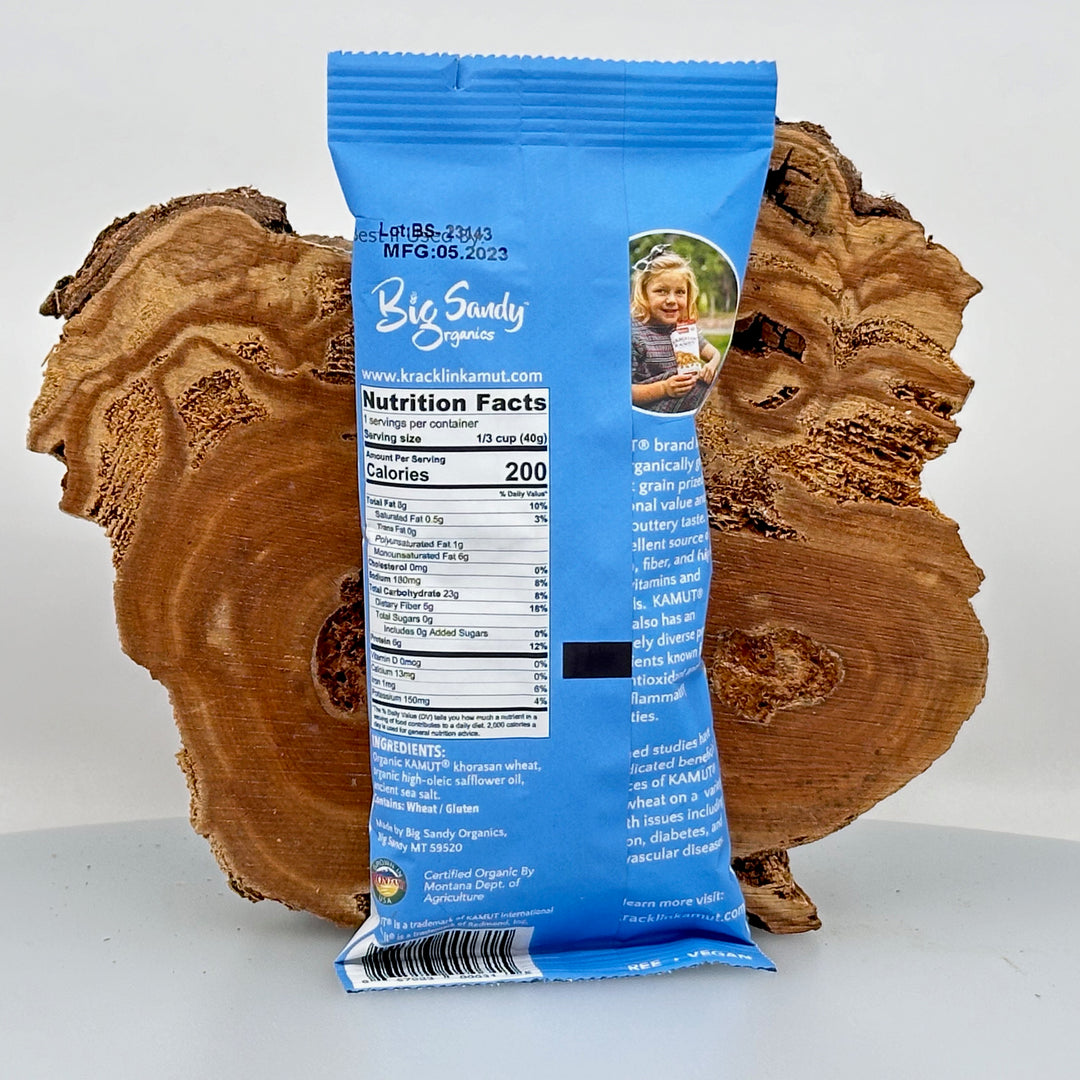 1.4 oz. bag of Big Sky Organics Sea Salt flavored Kracklin Kamut wheat germ snack made with khorasan wheat grown in Montana, nutrition facts & ingredients