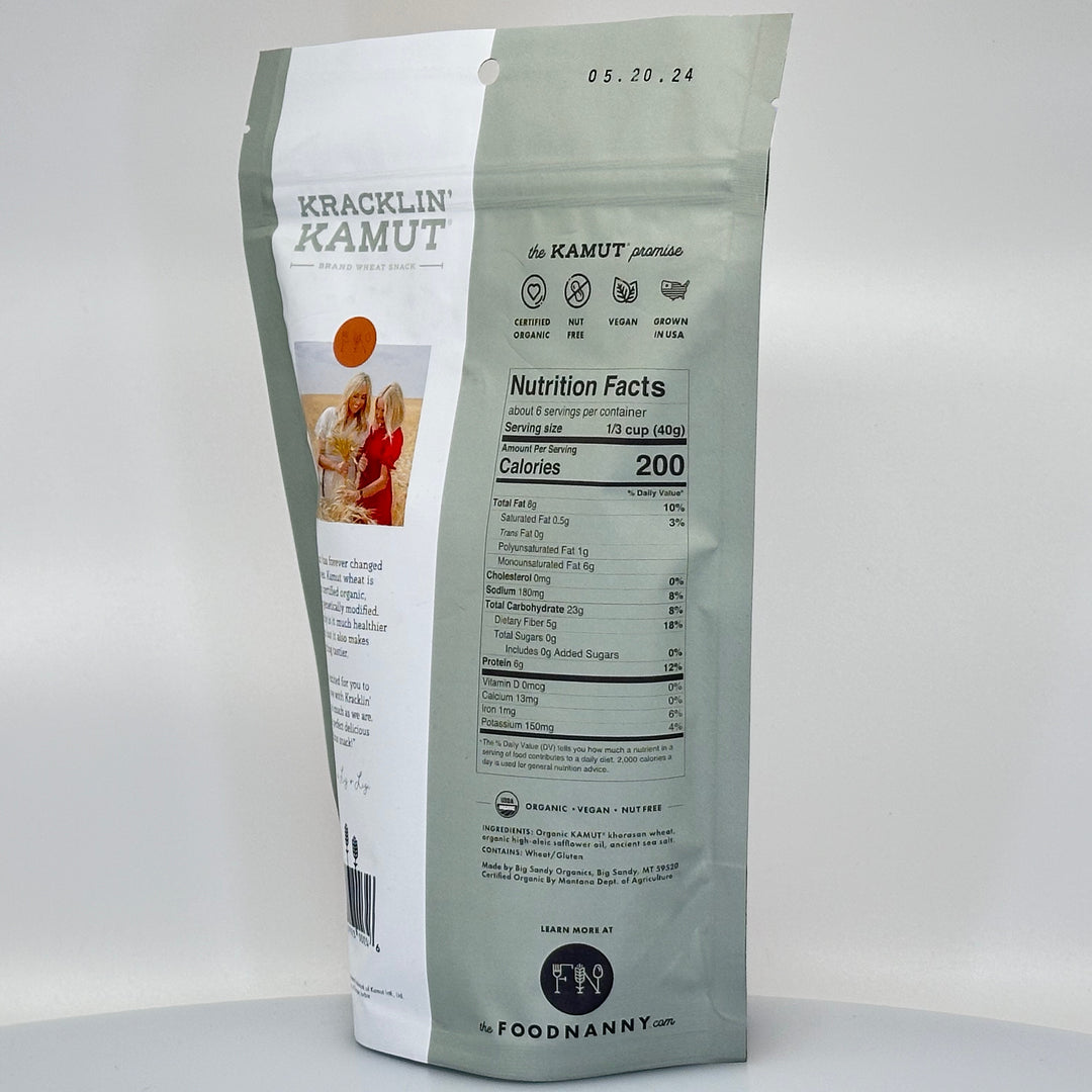 8 oz. bag of Big Sky Organics Sea Salt flavored Kracklin Kamut wheat germ snack made with khorasan wheat grown in Montana, nutrition facts