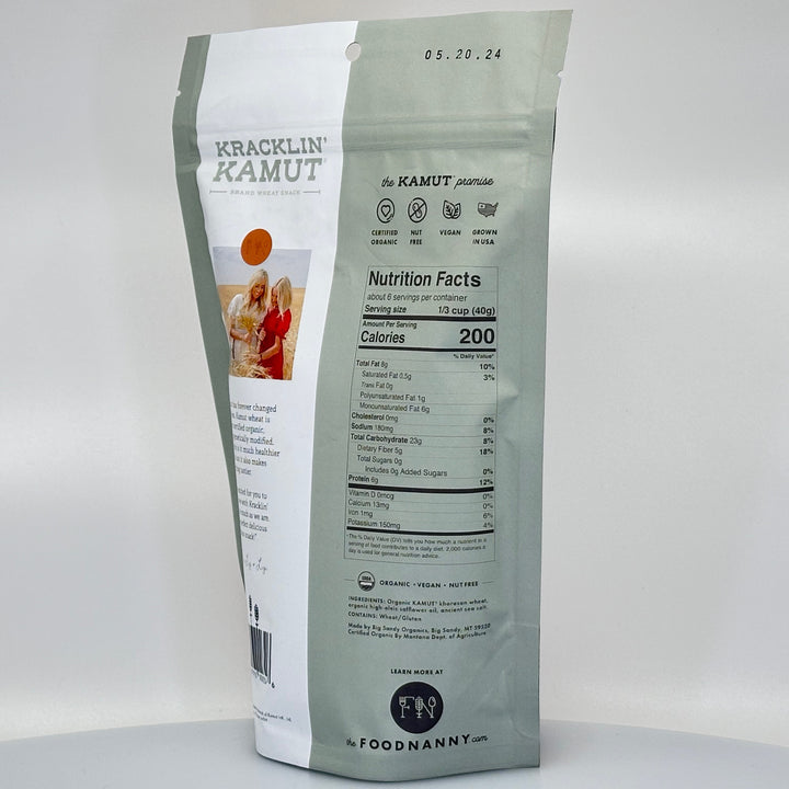 8 oz. bag of Big Sky Organics Sea Salt flavored Kracklin Kamut wheat germ snack made with khorasan wheat grown in Montana, nutrition facts