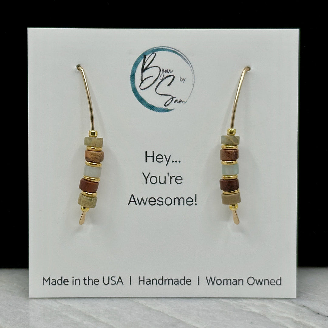 Pair of Bijou by Sam's Earth Tone Jasper and Gold Threader Earrings,, fine jewelry made in Montana