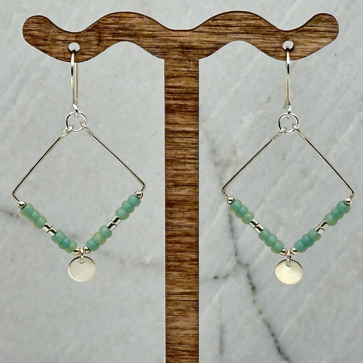 Pair of Bijou by Sam's Silver Square Hoop Earrings with Sea Glass Beads, fine jewelry made in Montana