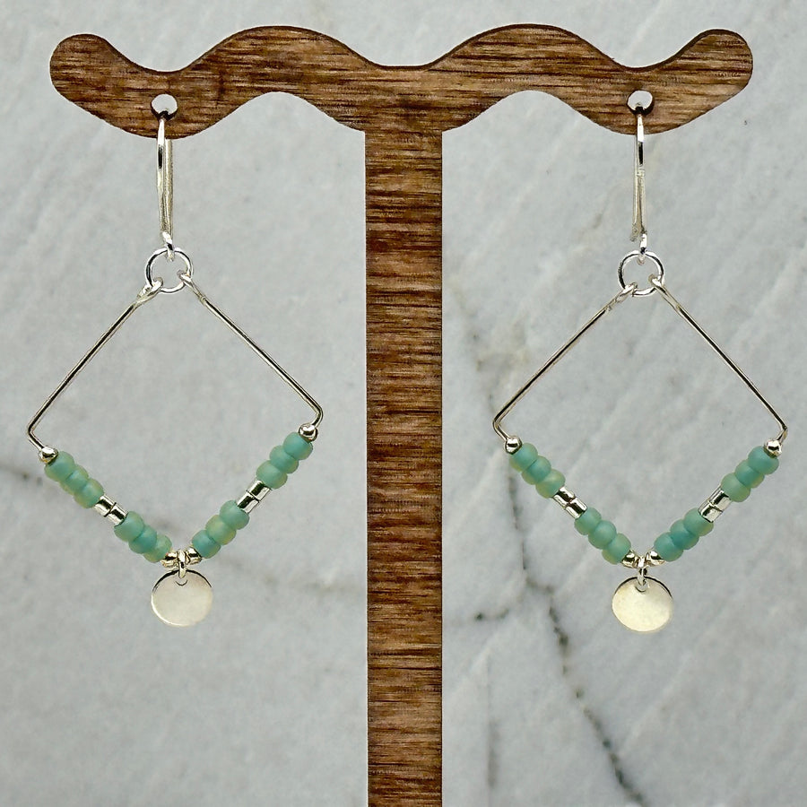 Pair of Bijou by Sam's Silver Square Hoop Earrings with Sea Glass Beads, fine jewelry made in Montana