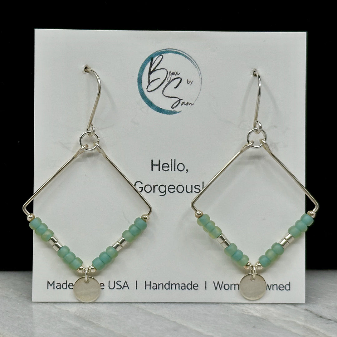 Pair of Bijou by Sam's Silver Square Hoop Earrings with Sea Glass Beads, fine jewelry made in Montana