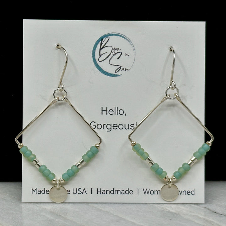 Pair of Bijou by Sam's Silver Square Hoop Earrings with Sea Glass Beads, fine jewelry made in Montana