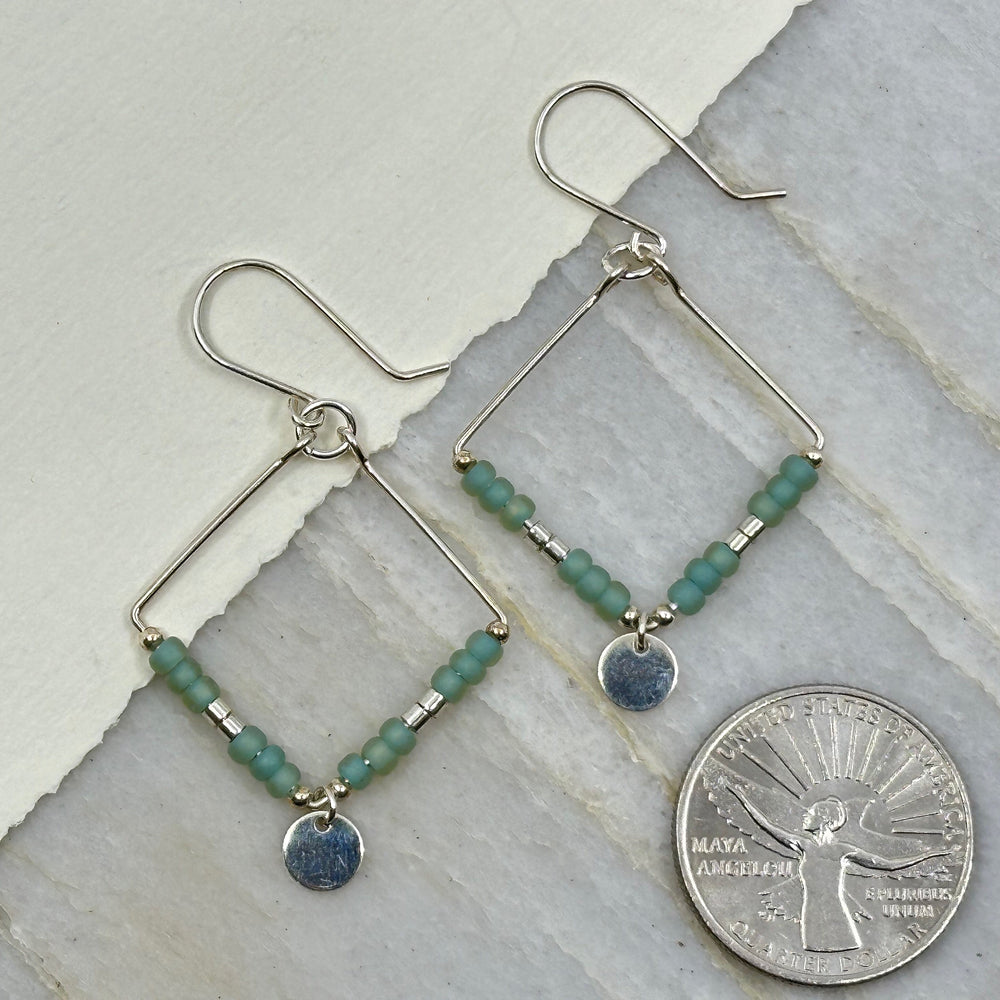 Pair of Bijou by Sam's Silver Square Hoop Earrings with Sea Glass Beads, fine jewelry made in Montana