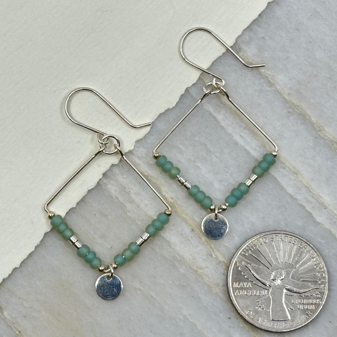 Pair of Bijou by Sam's Silver Square Hoop Earrings with Sea Glass Beads, fine jewelry made in Montana