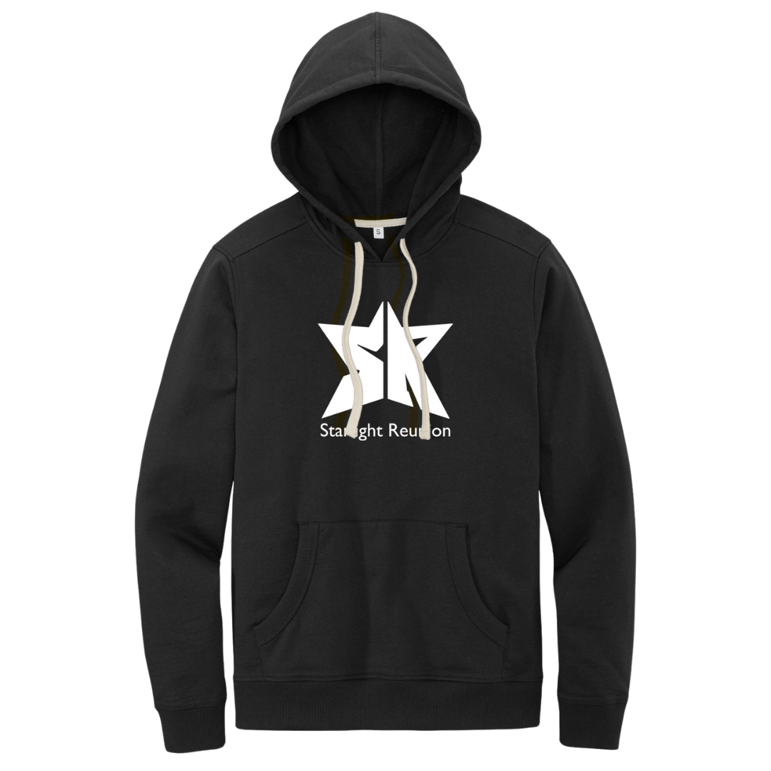 Black classic hoodie with white drawstrings and decorated with the Starlight Reunion logo, made in Missoula MT